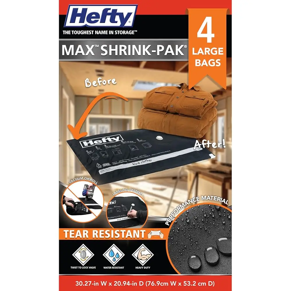 

Free ShippingHefty MAX Vacuum Seal Storage Bags for Clothing, Travel, Bedding | Tear & Water Resistant, Dual-Valve Space Saver