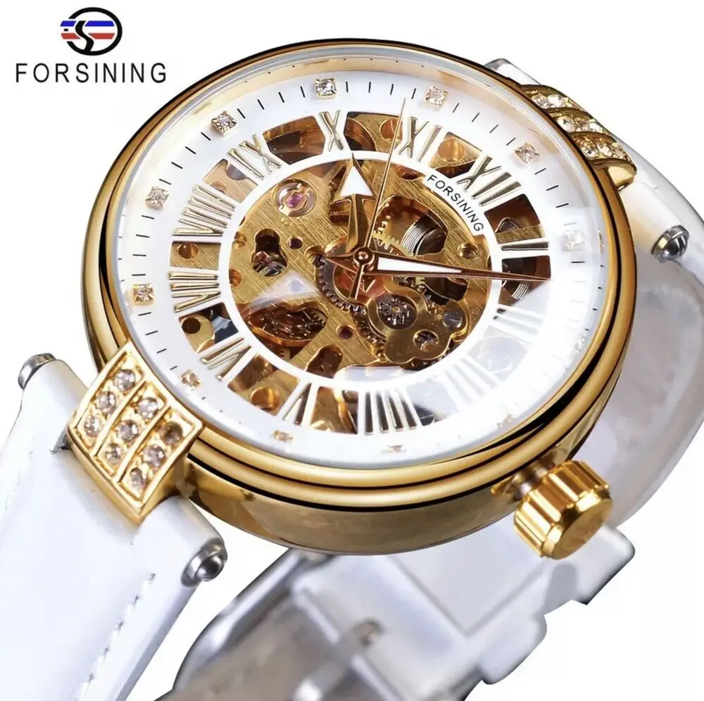 Forsining Womens Automatic Transparent Skeleton Luxury White Leather Band Ladies Watch Женские автоматические часы