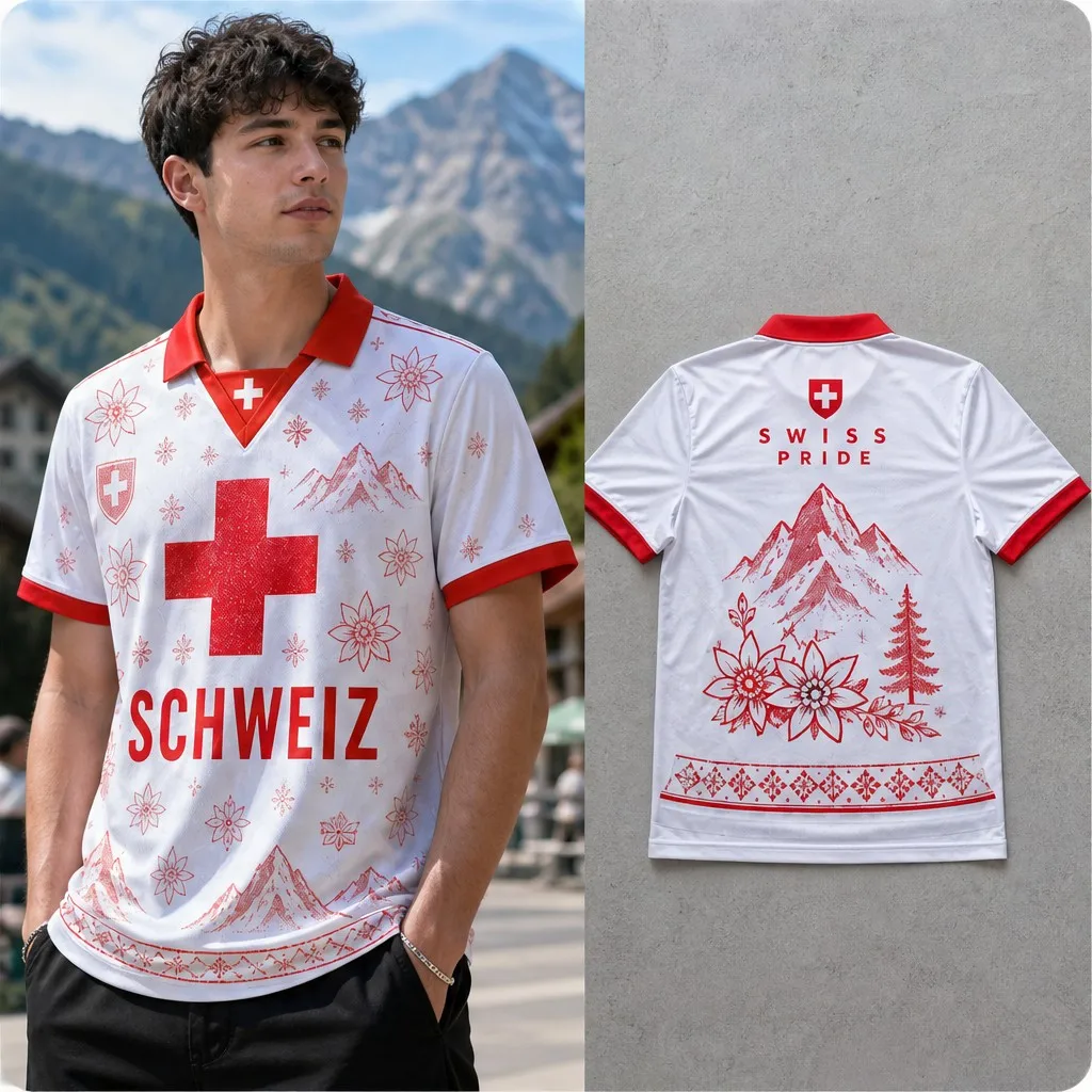 Mens Switzerland Edelweiss Cross Mountain Graphic Semi Polo V Neck T Shirt Short Sleeve Casual Alpine Folk Jersey Top Urban Wear