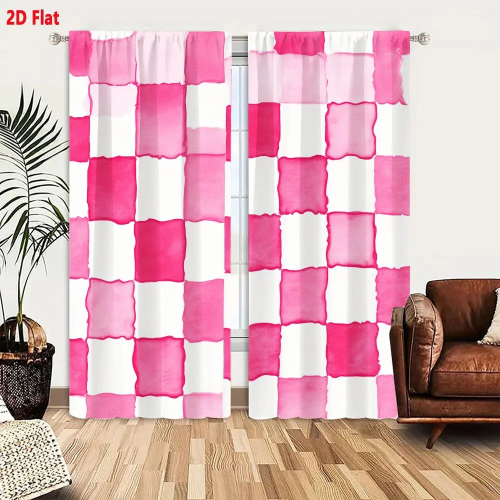 2Pcs Curtains 2D Flat Hand-drawn Watercolor Checkerboard Pattern Pink And White Squares Vibrant Playful Organic Textile Design W