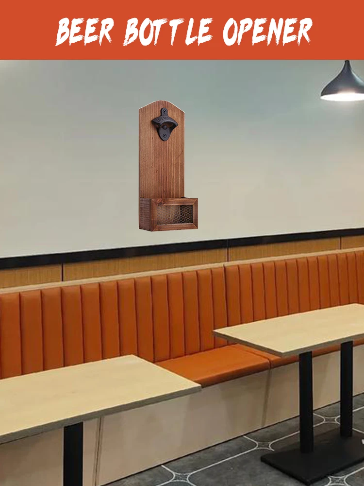 Apribottiglie da 1 pezzo, apribottiglie da parete in legno vintage con raccoglitore di tappi per bottiglie di birra, strumento per la cucina domestica