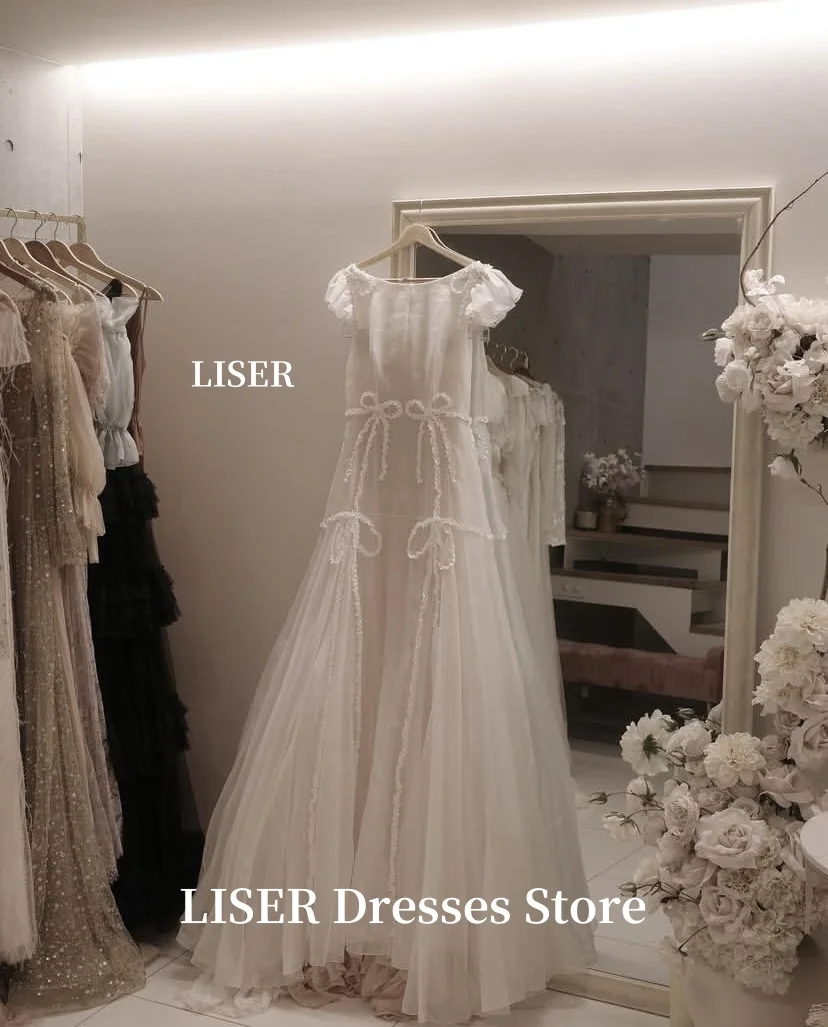 Liser O-pescoço Doce Coréia Vestidos de Casamento Manga Curta Tule Macio Sessão de Fotos Vestidos de Noiva Brilhantes ...........an espartilhos Personalizados Voltar