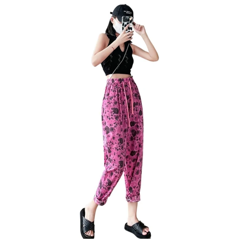 

Women Summer New Cotton Linen Boho Vintage Floral Printed Harem Pants Elastic Waist Streetwear All-match Comfortable Trousers