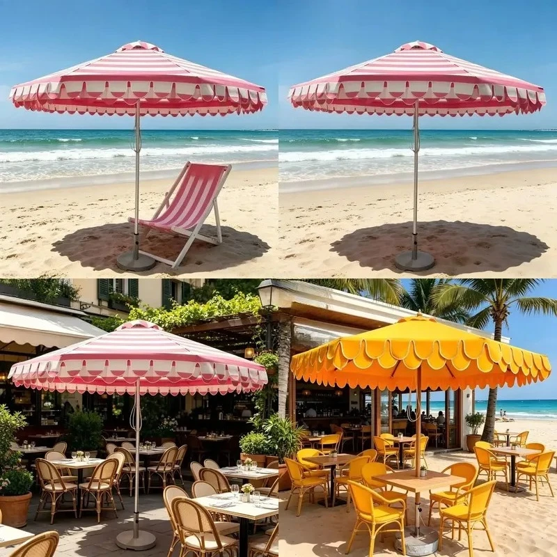 300D Waterproof Striped Beach Umbrella UPF50 Sun Protection Aluminum Rod Wavy Edge Outdoor Courtyard Garden Parasol
