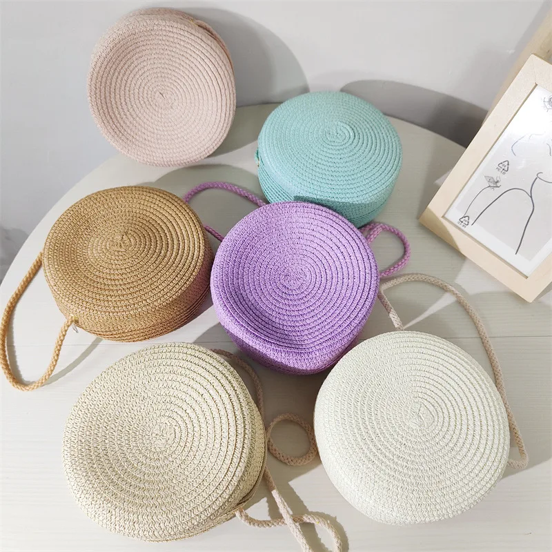 Summer Solid Grass Woven Bag Single Shoulder Crossbody Round Bag Versatile Women's Beach Bag Round Woven Bag