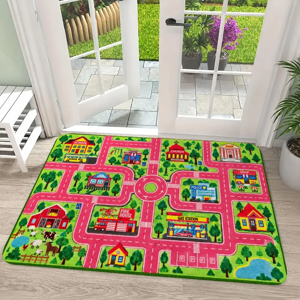 Kids Town Road Map Scene Floor Mat Flannel Rug Soft Non Slip Washable Door Mat For Bathroom Bedroom Kitchen Home Decor