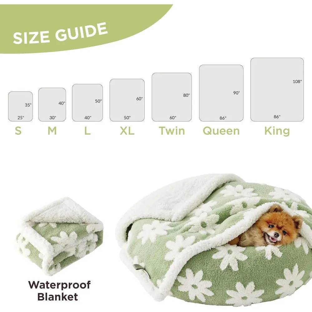 بطانية كبيرة قابلة للغسل للكلاب - على الوجهين مع جاكار دافئ وصوف شيربا، غطاء سرير للحيوانات الأليفة، تصميم زهور ثلاثي الأبعاد، أخضر