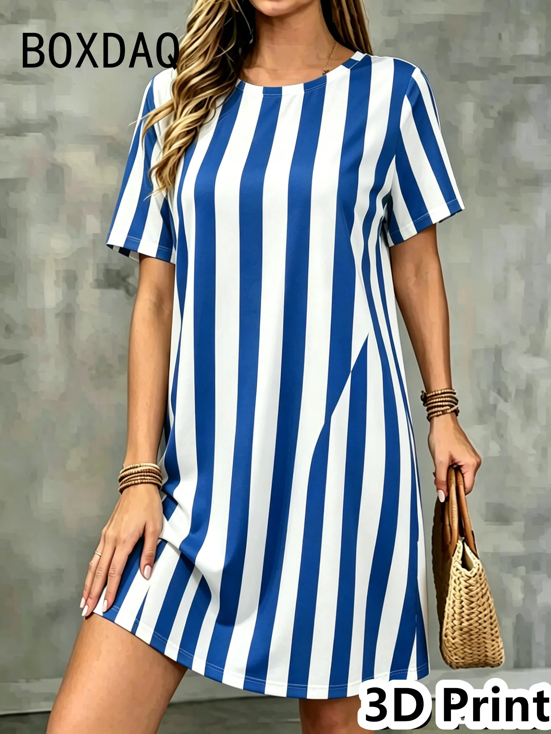 Summer Women's Short Sleeve Dress Fashion Casual Geometric Vertical Stripe Printing Pattern Dress Women Clothing 3XL Large Size
