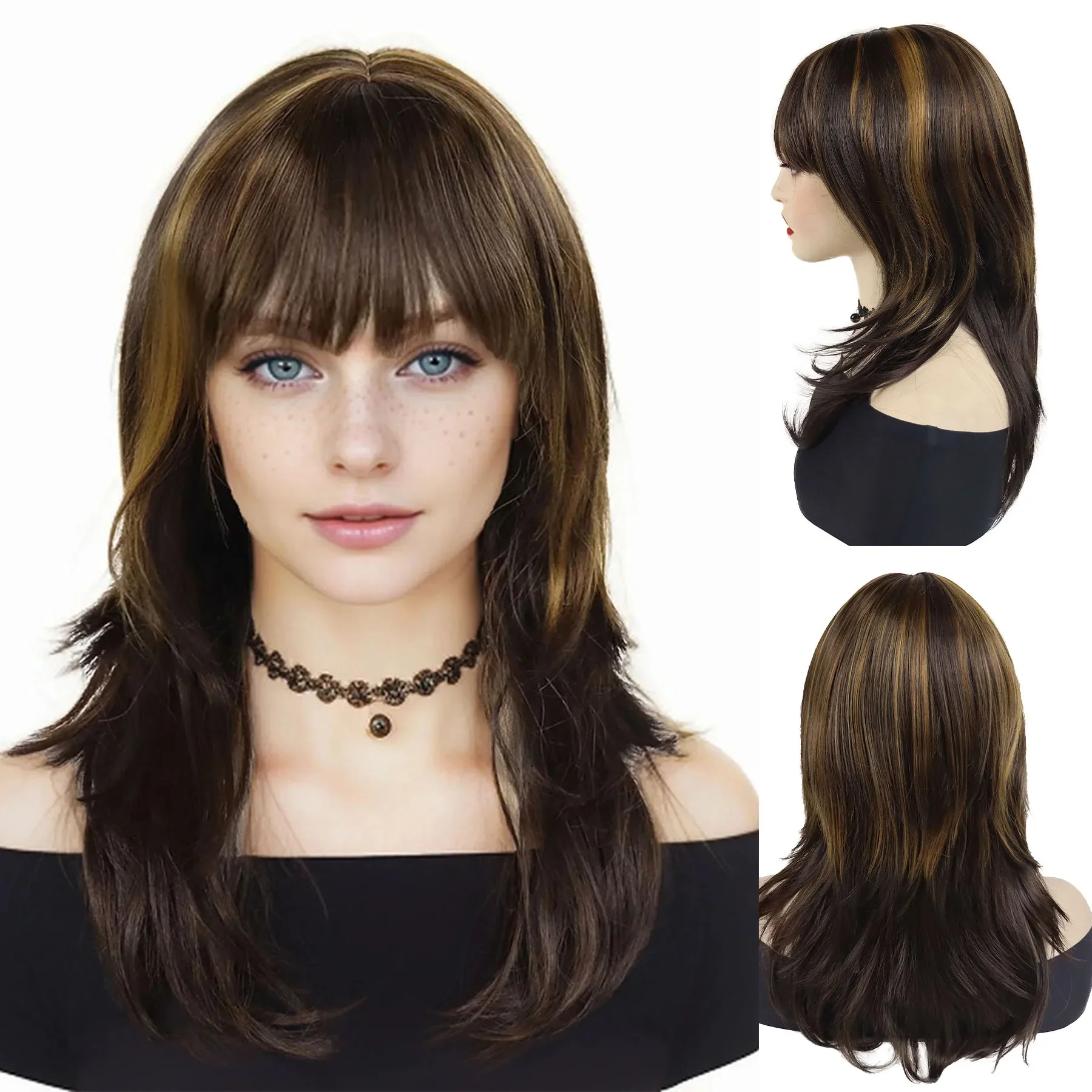 

Synthetic Hair Long Brown Wigs for Women Natural Straight Hair Mommy Wig with Bangs Mixed Brown Color Good Clearance Sale Wig