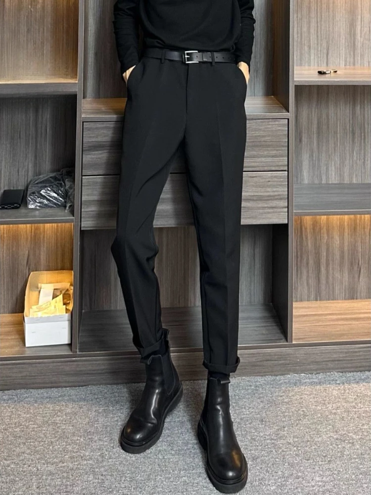 Man Suits Pants Tressed Slim Fit Tight 9 Cropped Korean Style Black Spring Clothes Trousers For Men Clothing Premium Fine