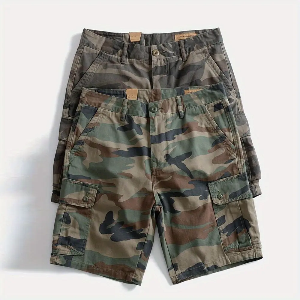 

Шорты-комбинезон из чистого хлопка в американском стиле, свободного кроя, с множеством карманов, ретро, мужские, повседневные, прямые, камуфляжные, длиной до колена.