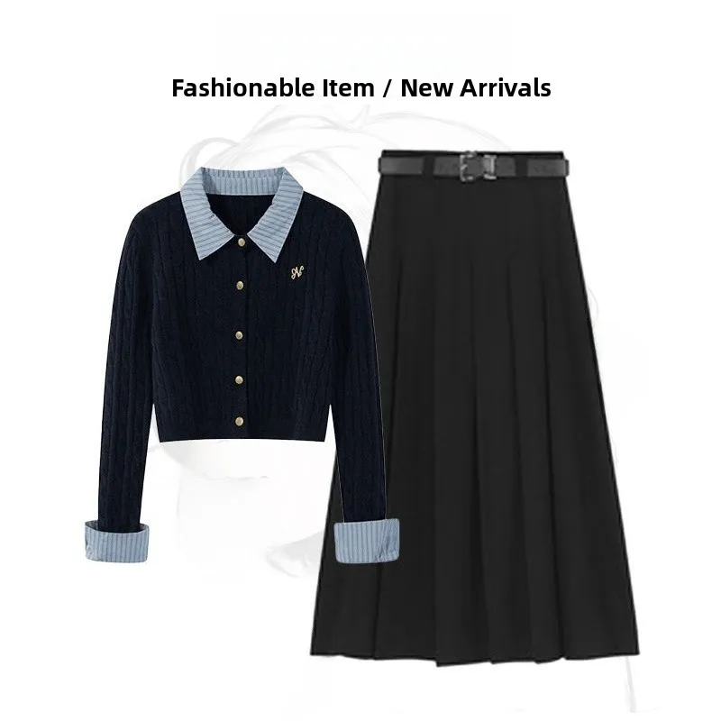 

Autumn Knitted Ne Two-Piece Set Women's Casual Sle Slimming f Skirt Sweater Faionable College Trend Ensemble