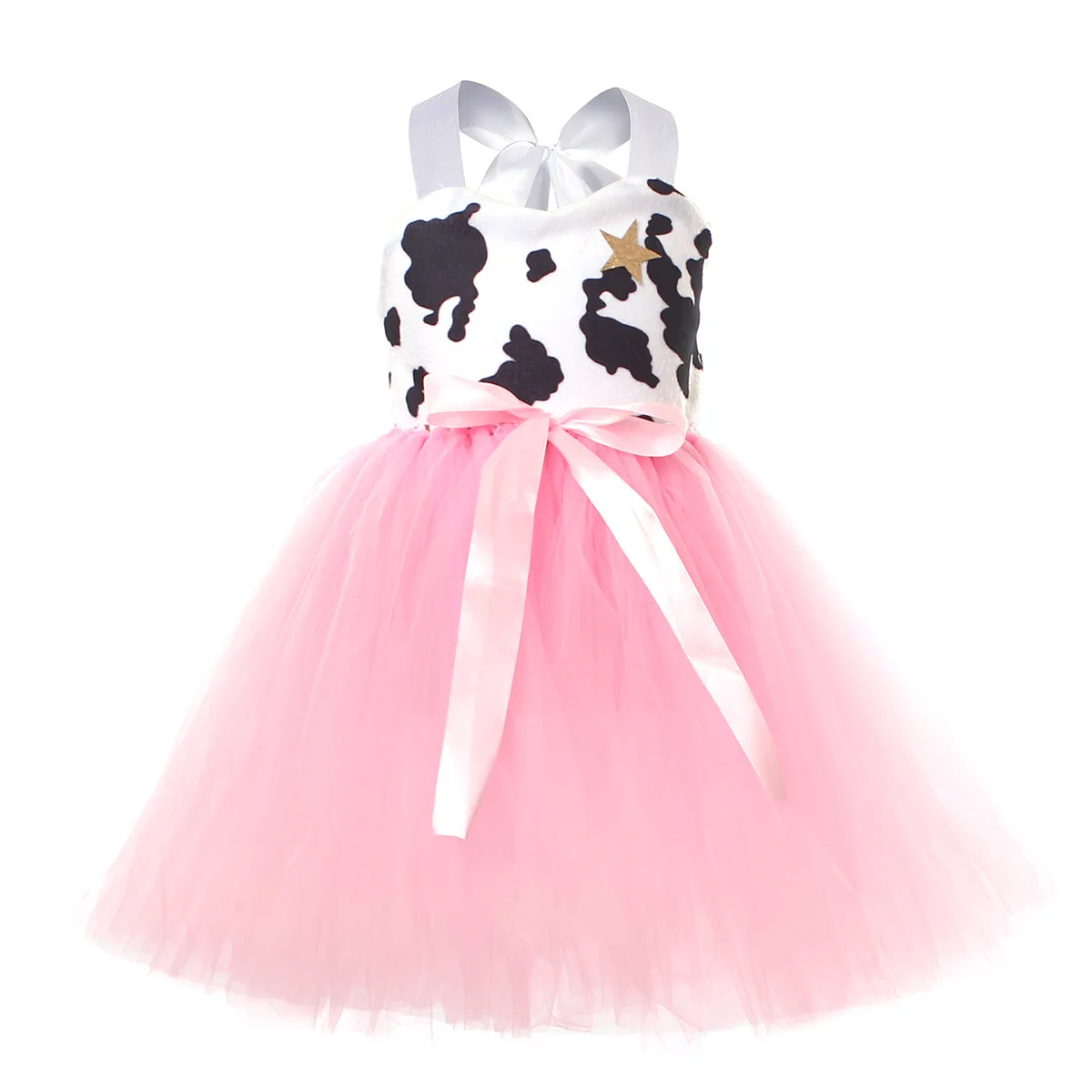 Girls Pink Cute Sweet Cow Print Tulle Tutu Dress With Ears Headband Tail Animal Themed Performance Halloween Party Role Play Set