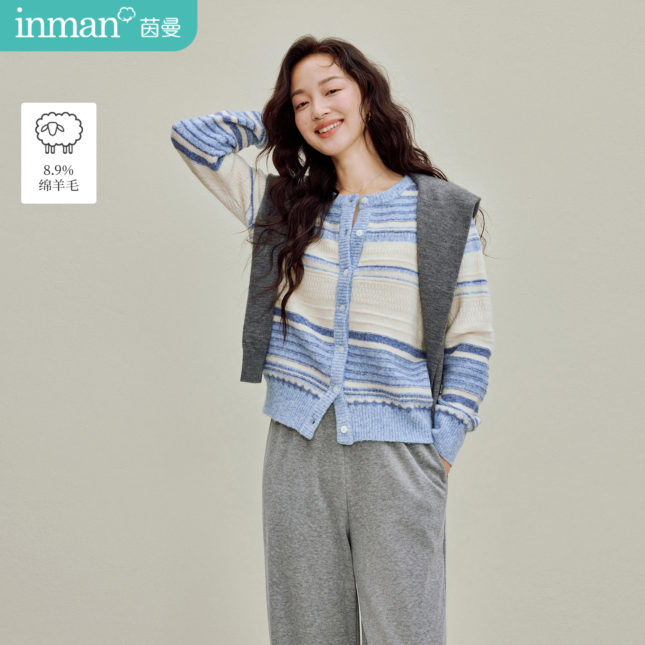

Inman Women's 2025 Autumn New Stylish Crewneck Knit Cardigan - Gentle Vibe Striped Patchwork Sweater Outerwear