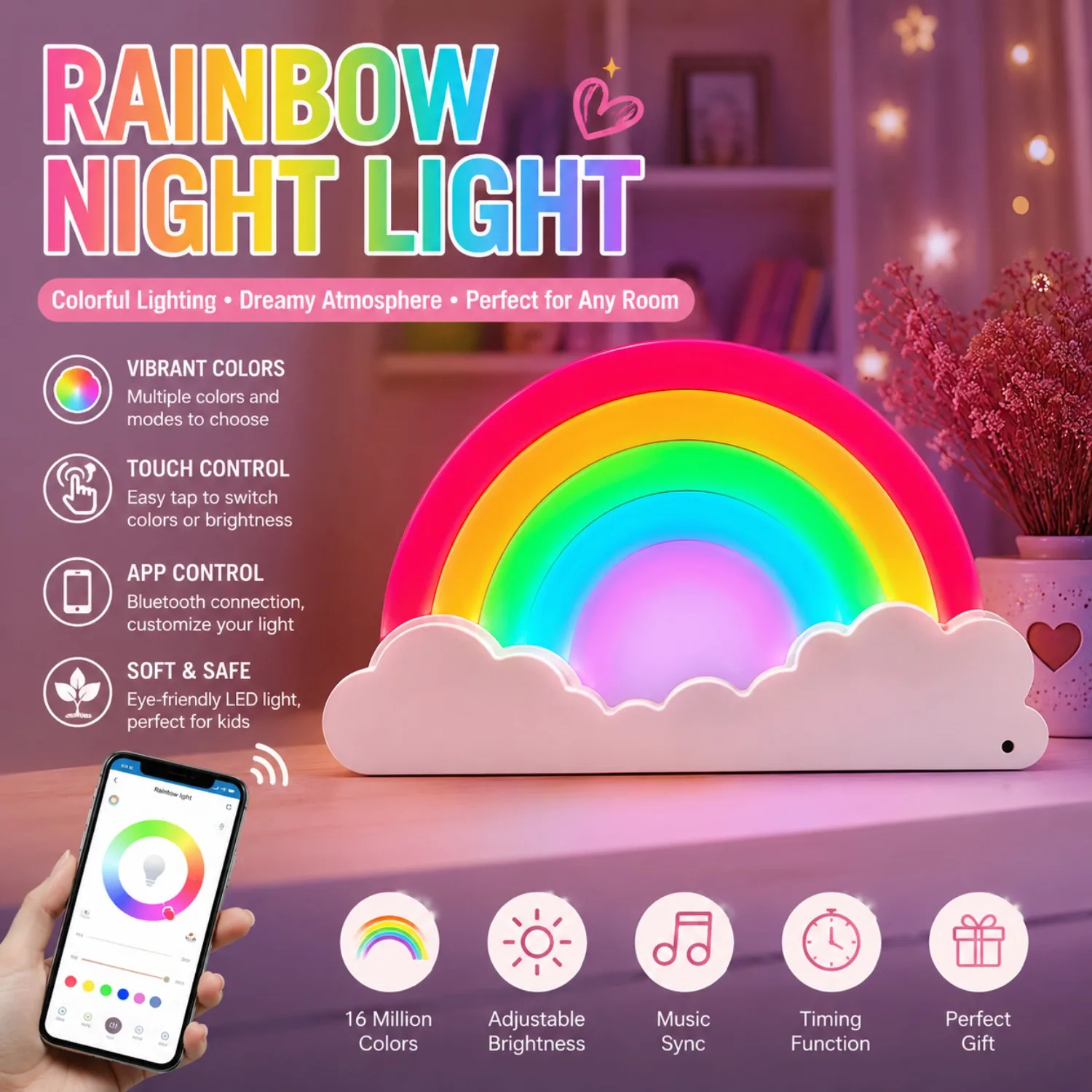 Rainbow Color Changing Decor Touch & APP Control Desktop Ornament, Aesthetic Room Decoration Gift for Girls & Teens
