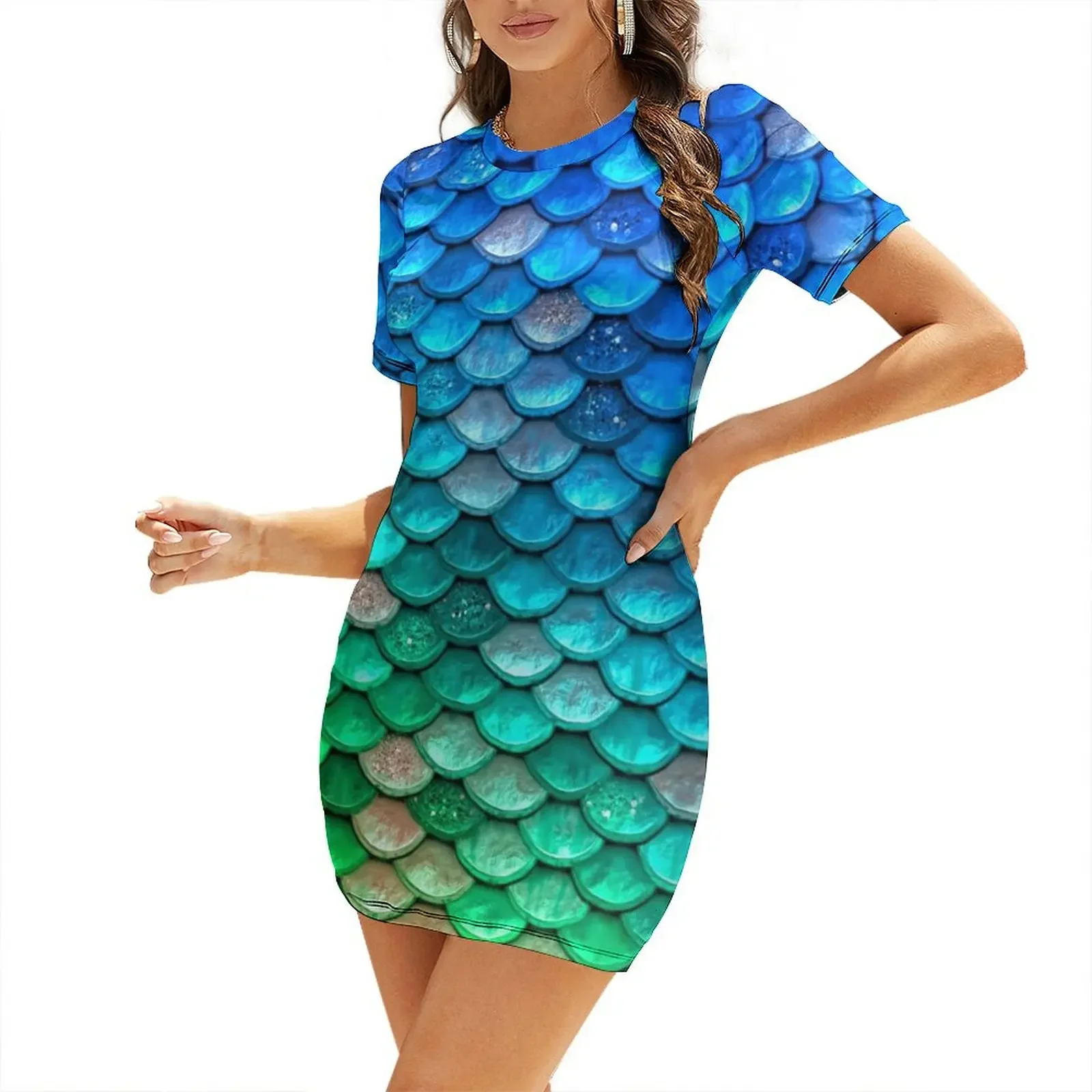 

Green and Blue Sparkle Faux Glitter Mermaid Scales Short-Sleeved Dress Dresses for wedding party Long dress dress
