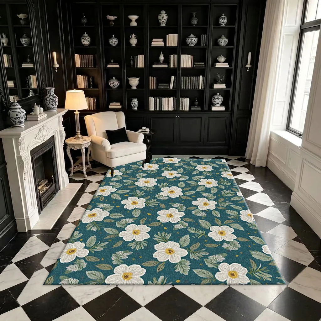 Deep Teal and White Wild Daisy Floral Carpet with Vintage Plant Pattern Seamless Print Square Rug Suitable for Home Interior Decoration