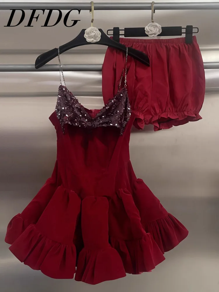 DFDG Women's 2025 Red Sequin Backless Dress Spaghetti Strap Patchwork Velvet Bodycon High Waist Evening Spring Summer Dress