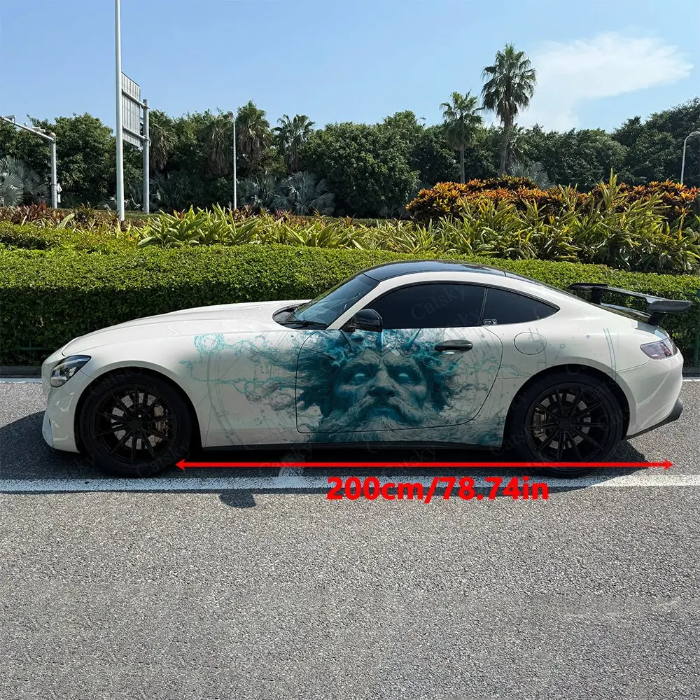 2pcs Ocean Blue Lightning Ancient God Car Side Wraps, Self-Adhesive PVC Waterproof & Scratch-Resistant Stickers, Car Accessory