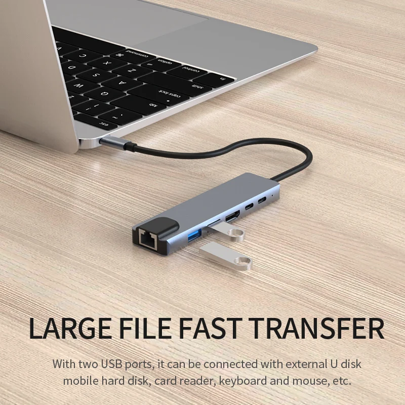 Adaptador Ethernet USB C HUB, 4K, Tipo C, 3.1 para Compatível com HDMI, SD, Leitor de Cartão TF, PD87W, MacBook, Huawei, Samsung, 100m, RJ45, 6 em 1