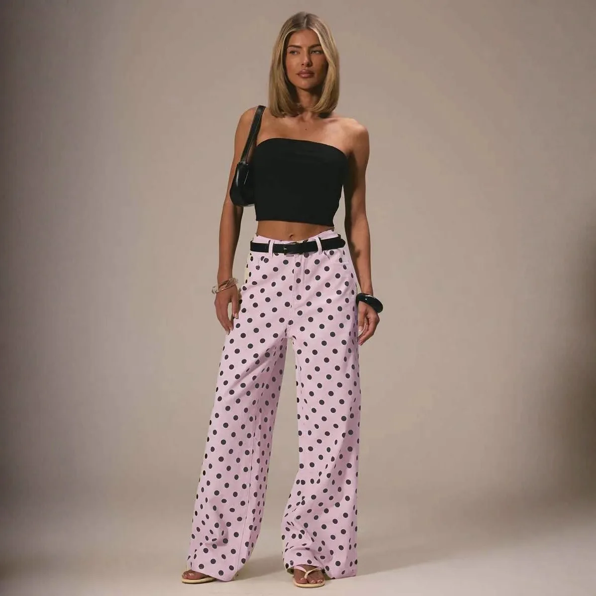 Spring Autumn High Wasit Jeans Pants Women 2026 Fashion Vintage Polka Dot Print Wide Legging Denim Trousers Bottoms Casual