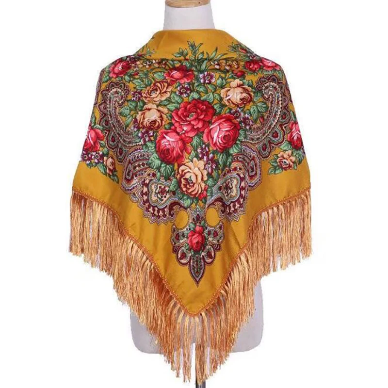 90*90cm Enthic Style Russian Women\'s Square Scarf Shawl Retro National Fringed Print Scarves Winter Ladies Head Wraps