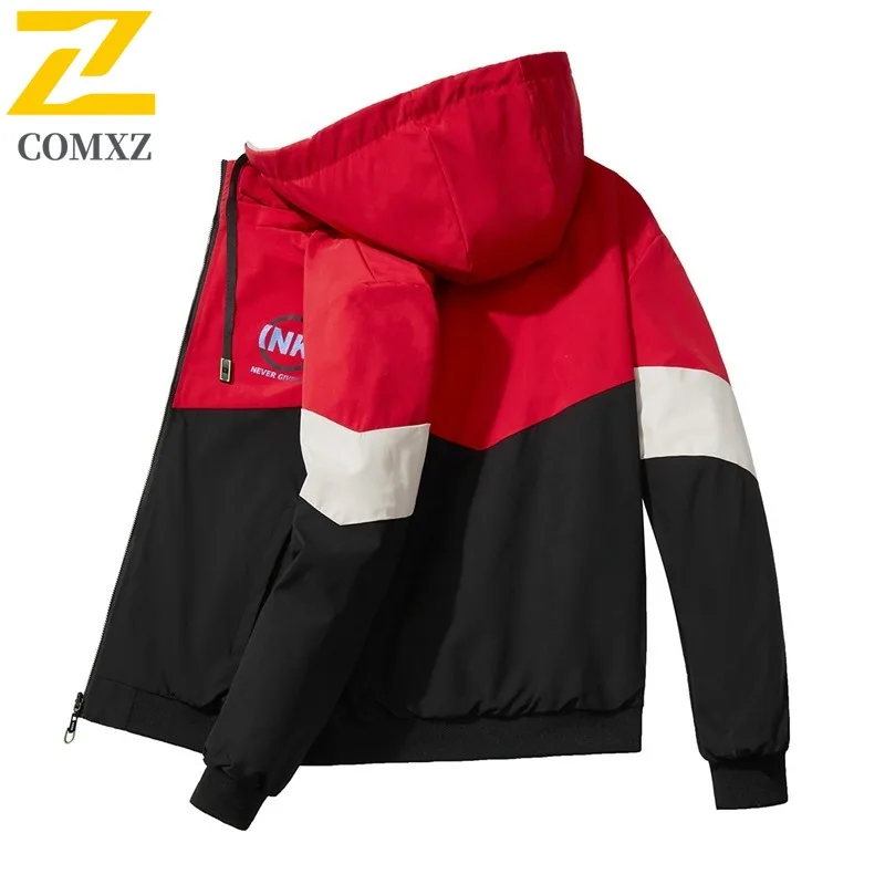 COMXZ 2025 في الهواء الطلق كتلة اللون زوجين مقنعين سترة العمل مقاوم للماء الرياضة عادية كم طويل سترة واقية للجنسين معطف مقاوم للماء