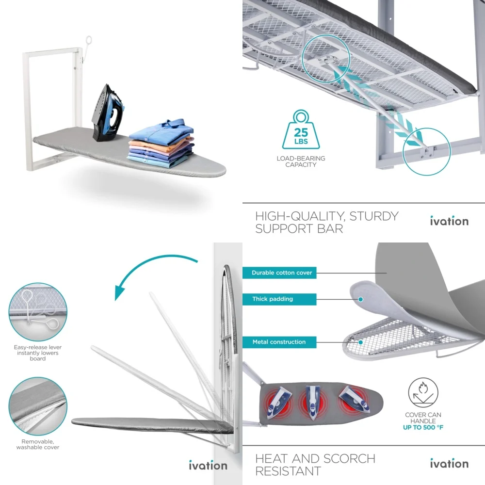 

Wall Mount Ironing Board with Storage Rack and Replacement Cover Heavy Duty Folding Ironing Table for Home Use Space Saving