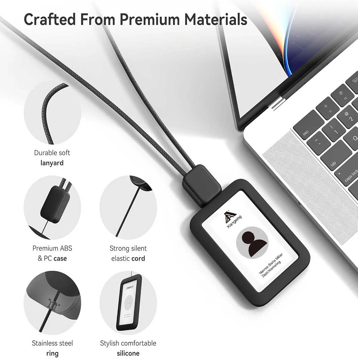 Two-dimensional stretchable hanging belt-style ID card holder, equipped with quick-release buckle and double-slot silicone ID card box, suitable for office staff, as a nameplate hanging clip for fixing name tags, with stretchable rope