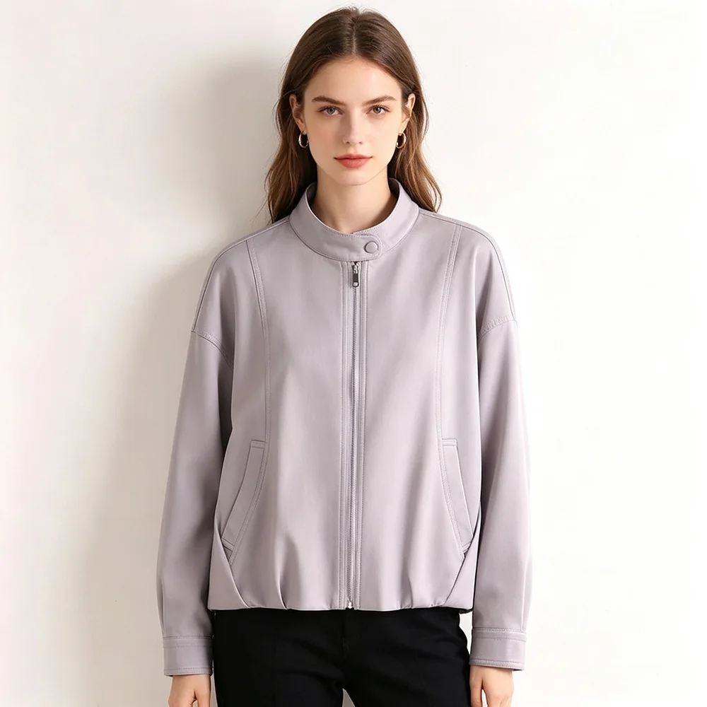 New Women Casual Loose Split Leather Jacket Spring Autumn Fashion Stand Collar Long Sleeve Daily Leather Coat Vintage Jacket