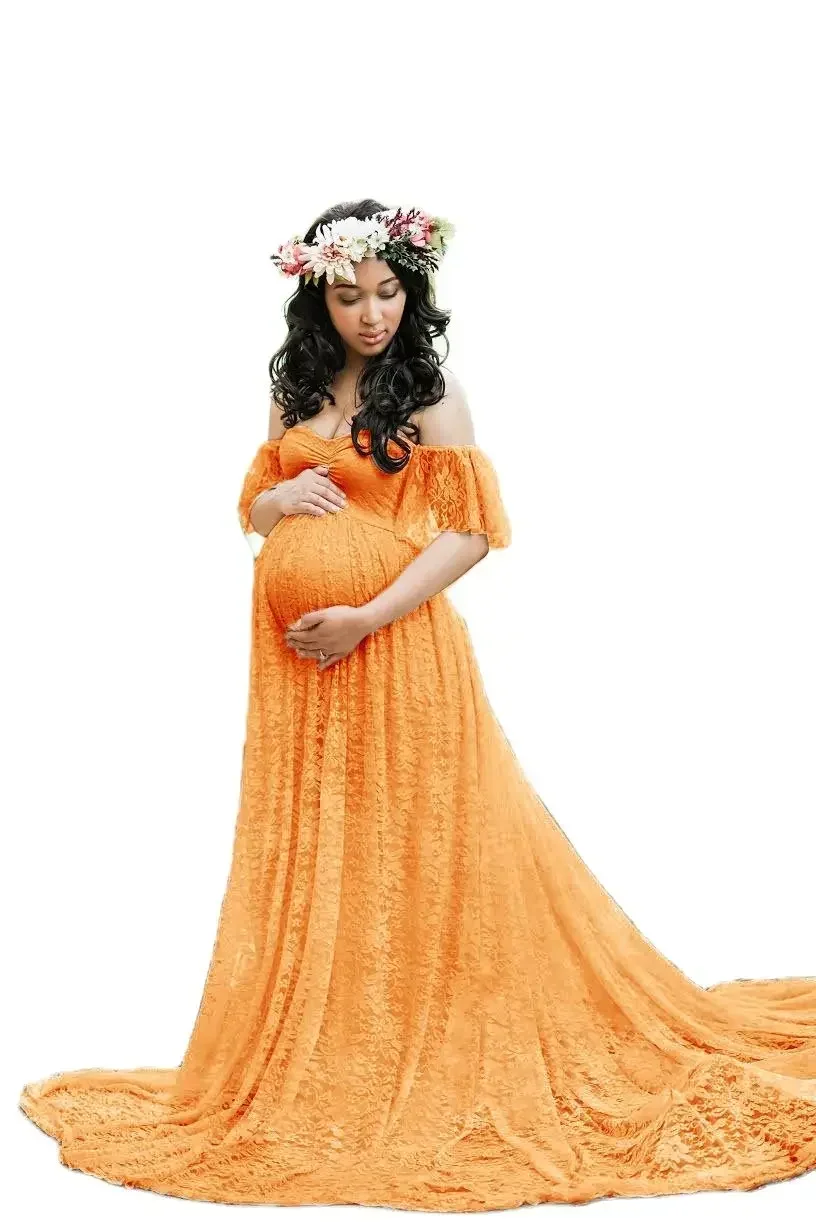 Lace Maternity Dresses Photoshoot Pregnant Women Baby Shower Dress Sweep Train Maxi Gown Pregnancy Dress Photography Props