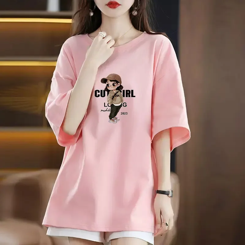 

Hat Girl Print Light Luxury Short Sleeve T Shirt Women's Cotton Summer Loose Slimming Korean Fashion Trend Half Sleeve T-Shirt