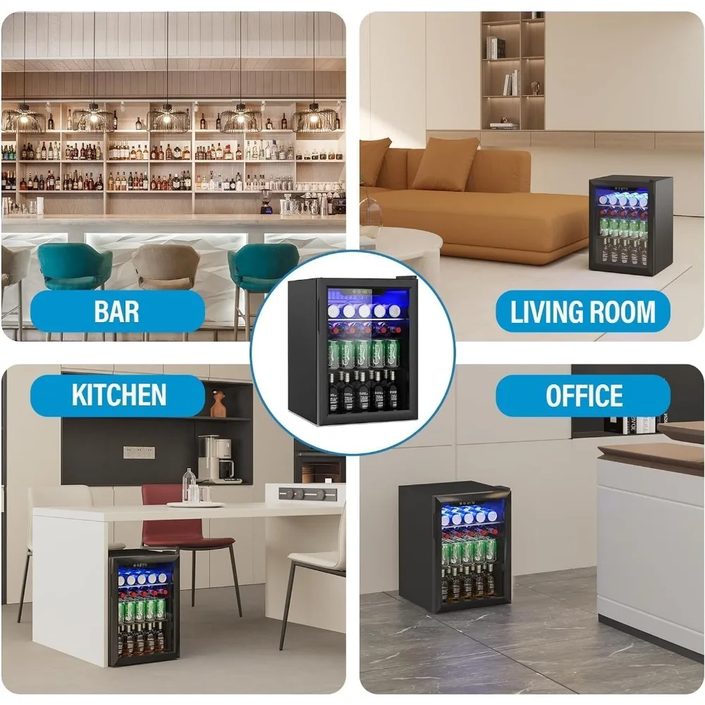 Compact Beverage Refrigerator, 95 Can/2.6 Cubic Feet Fridge with Glass Front Door for Soda, Beer or Wine, Under Counter Small Re