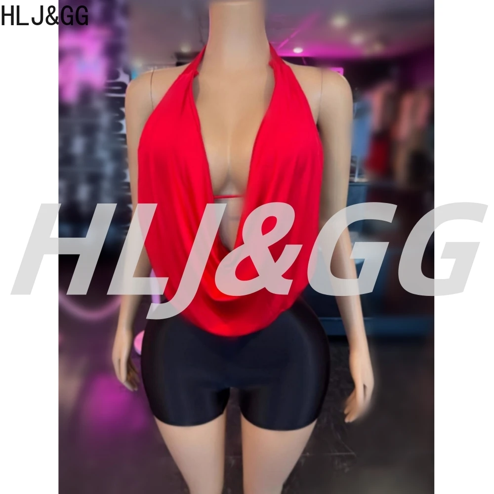 HLJ&GG Sexy Deep V Halter Top Tow Piece Sets Women Sleeveless Backless Top And Leather Shorts Outfit Fashion Y2K Streetwear 2025