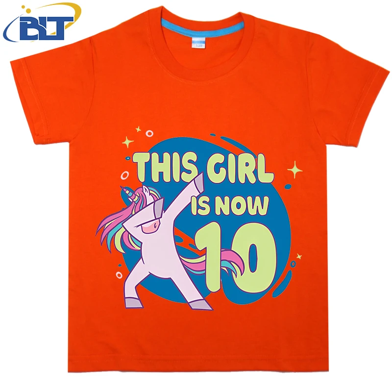 T-shirt à manches courtes imprimé licorne rose pour enfants, 10e anniversaire, mignon, coton, haut décontracté, adapté aux garçons et aux filles, été