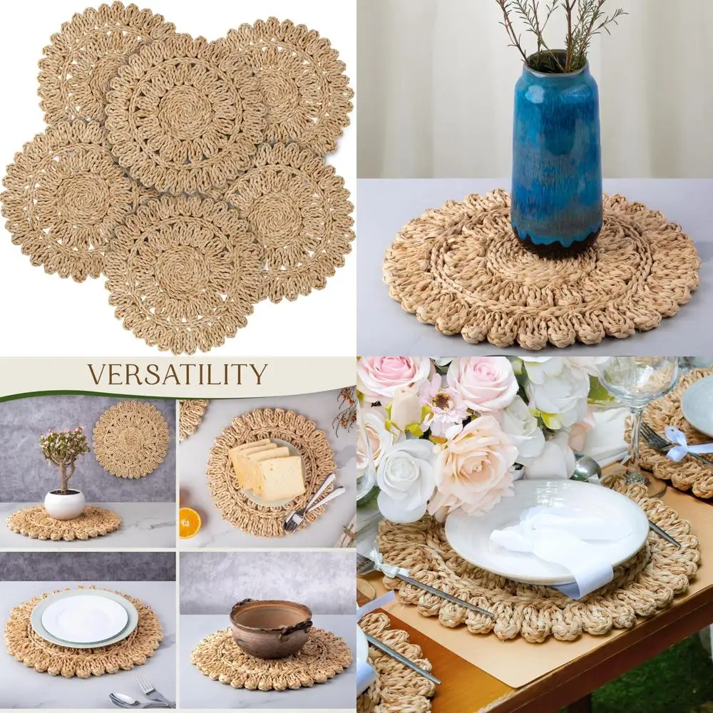 

Set of 6 Corn Husk Woven Round Placemats - Wicker Boho Farmhouse Style - Rattan Table Mats for Dining and Wedding Tables
