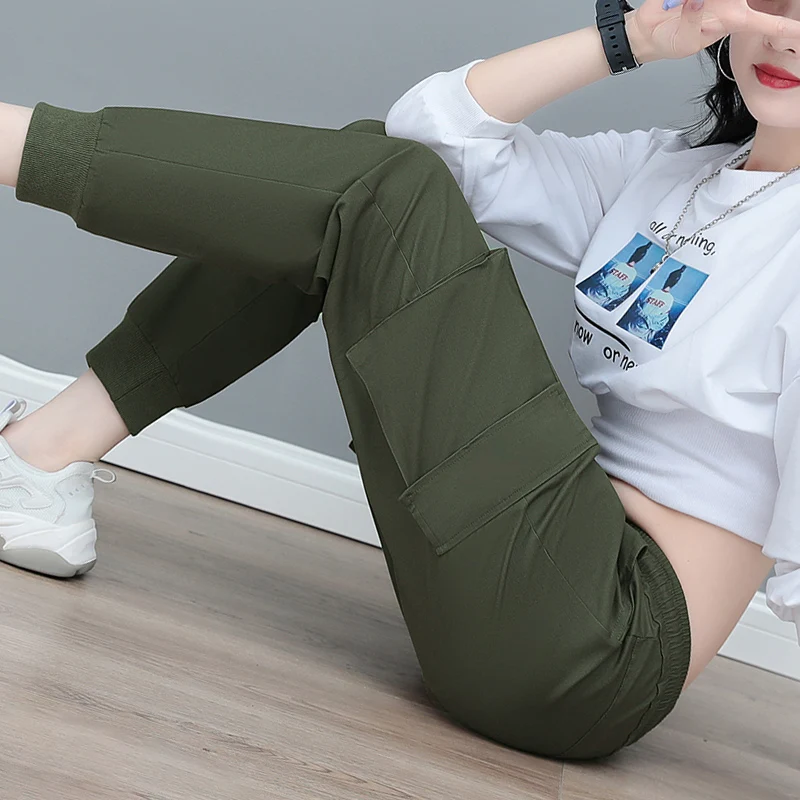 New Spring And Autumn Sports Work Pants For Women'S Casual Fashion High Waist Slim Look Multiple Pockets 9-Point Trousers