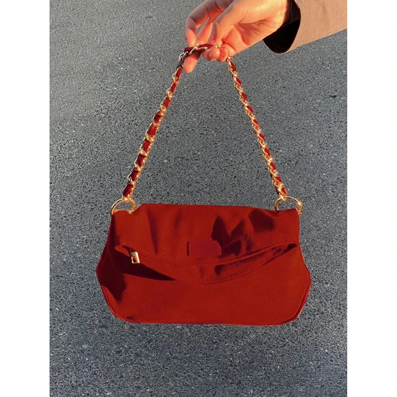 European Fashion Texture Design Tote Bags Women New Trendy Red Bride Bag Single Shoulder Crossbody Chain Bag Autumn Winter