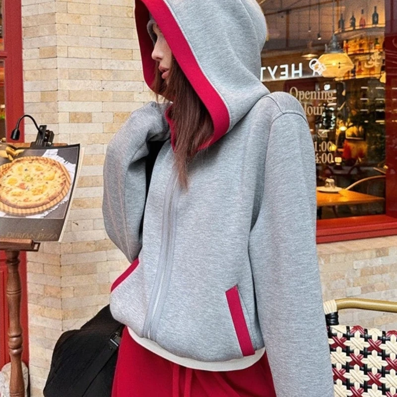 Trendy 2026 Lazy Style Patchwork Zip Hoodie Women Spring Fall Casual Loose Fit Sweatshirt Jacket Viral