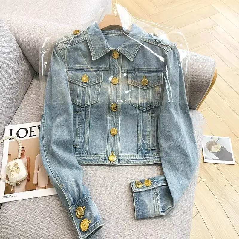 2026 New Design Sense Heavy Industry Denim Coat Female Korean Wash Short Style Temperament Tops Metal Buckle Denim Jacket Women