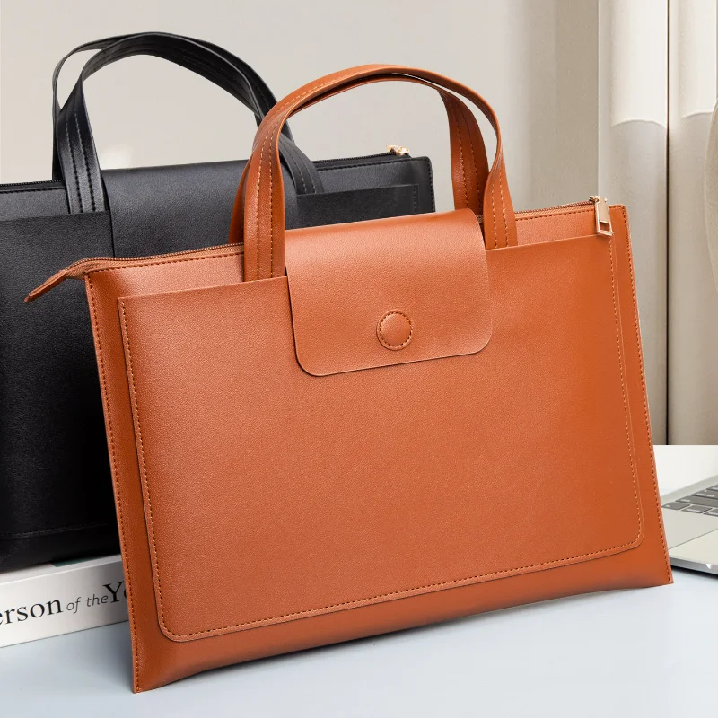 Portable A4 Leather File Handbag Waterproof Zipper Laptop Bag Business Office Document Tote Bag For Notebook Storage ﻿