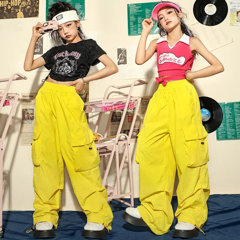 زي رقص هيب هوب للفتيات ، ملابس أطفال ، بلوزة قصيرة ، ملابس الشارع ، دوبامين ، تكتيكي ، بنطال كارجو ، أصفر ، فتاة ، ملابس جاز ، جديد