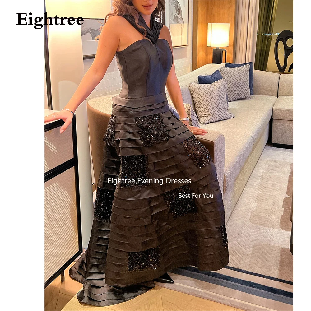 Eightree Black Luxury Evening Dresses For Women 2023 Sequined Long A Line Halter Satin Arabia Wedding Party Dress Formal Occasio