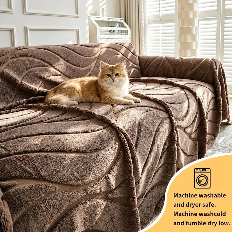 1PC-Wave shaped plush sofa throw cover, pet friendly scratch resistant sofa protective cover, comfortable plush fabric