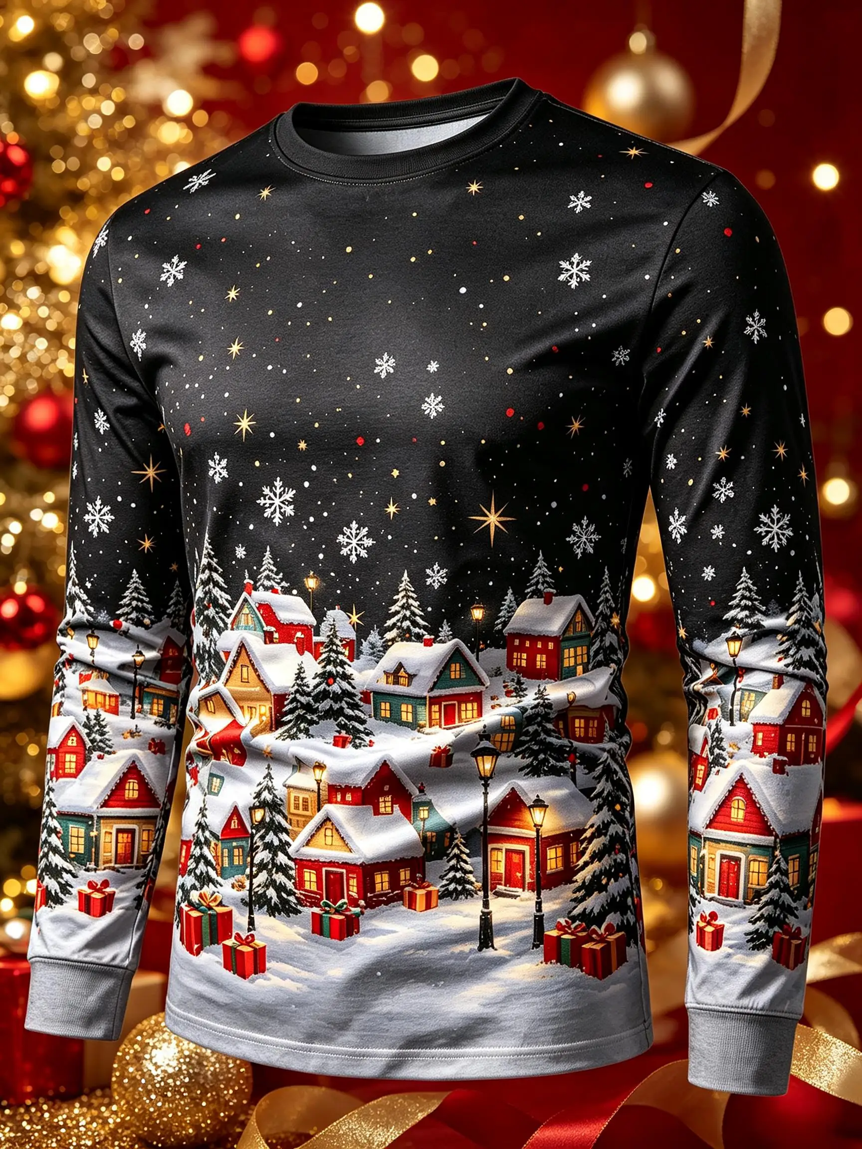 Mens Christmas Village Long Sleeve T Shirt Red Snow Town House Pine Tree Snowflake Holiday Print Top