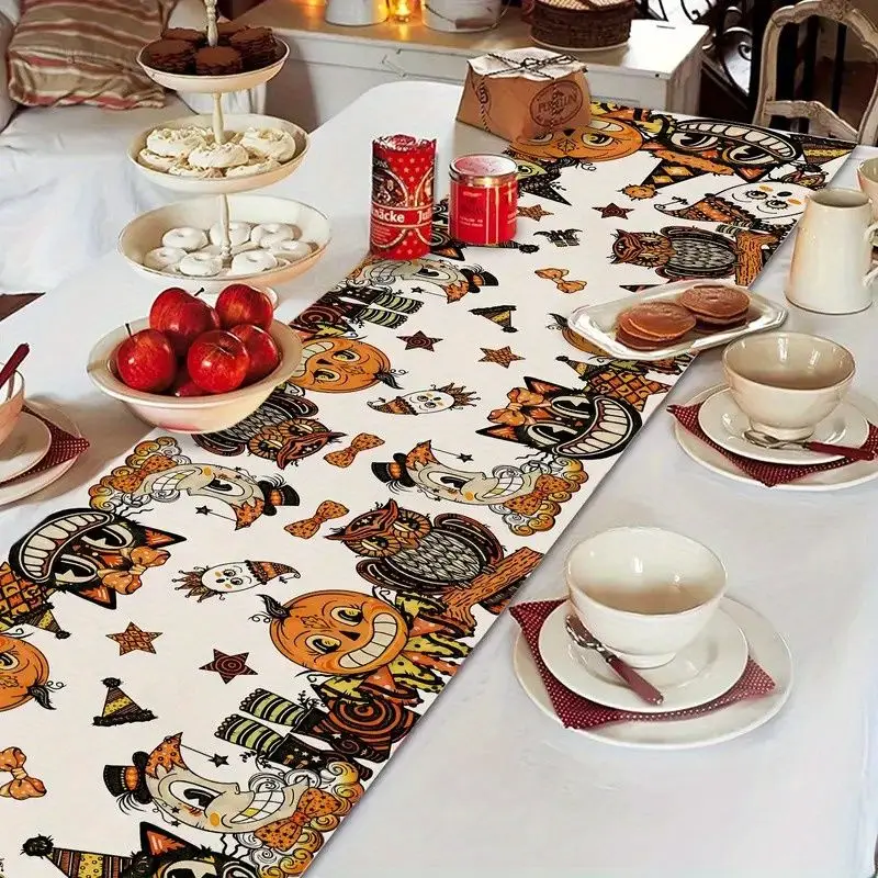 VIKAMA Halloween Table Runner Vintage Cartoon Pumpkin Witch Owl Black Cat Dining Table Home Retro Holiday Party Decor