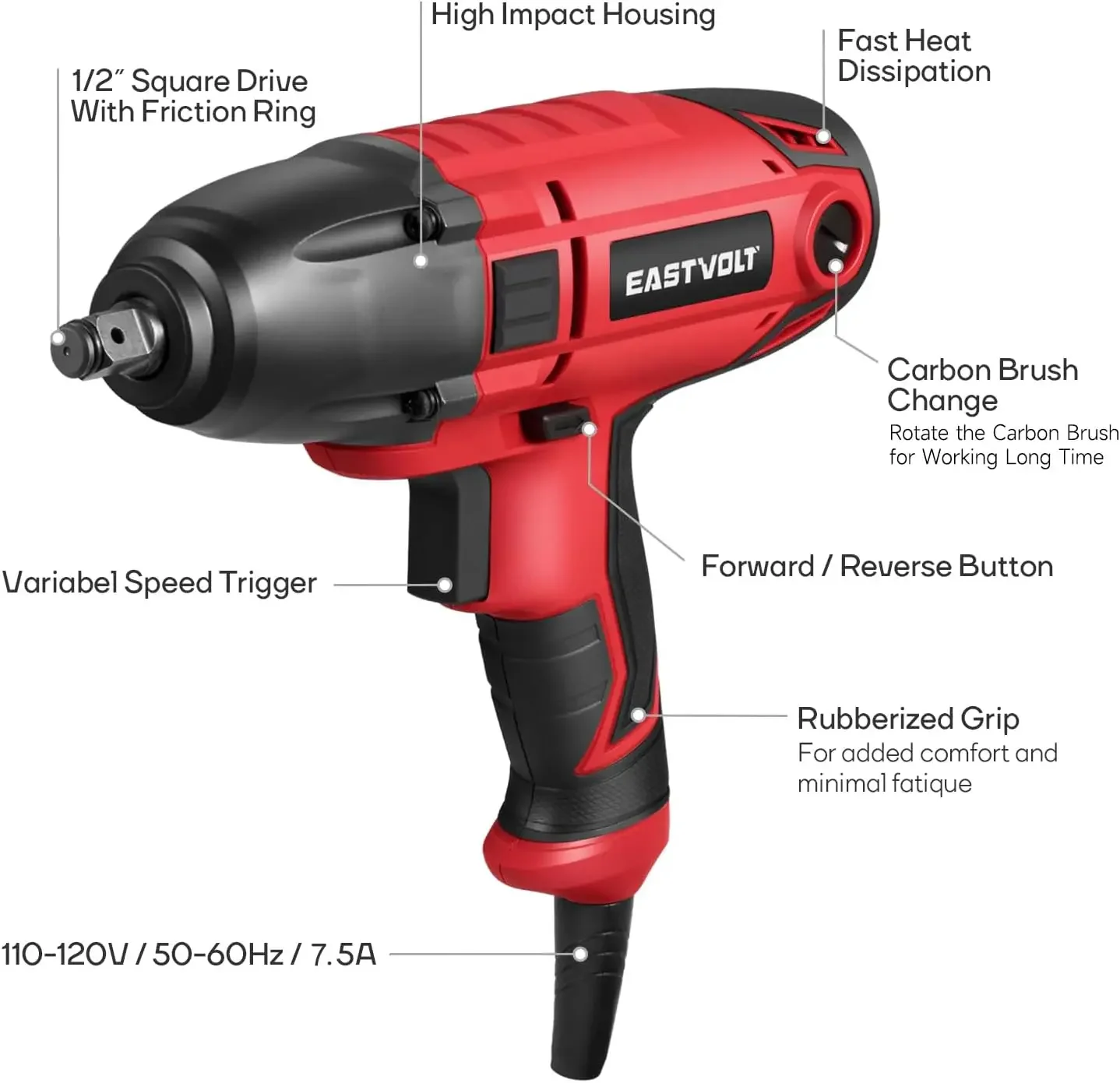 Eastvolt 800W Electric Impact Wrench, Heavy Duty 7.5 Amp Corded Max Torque 450 Ft-lbs 3400 RPM, 1/2 Inch with Hog Ring Anvil