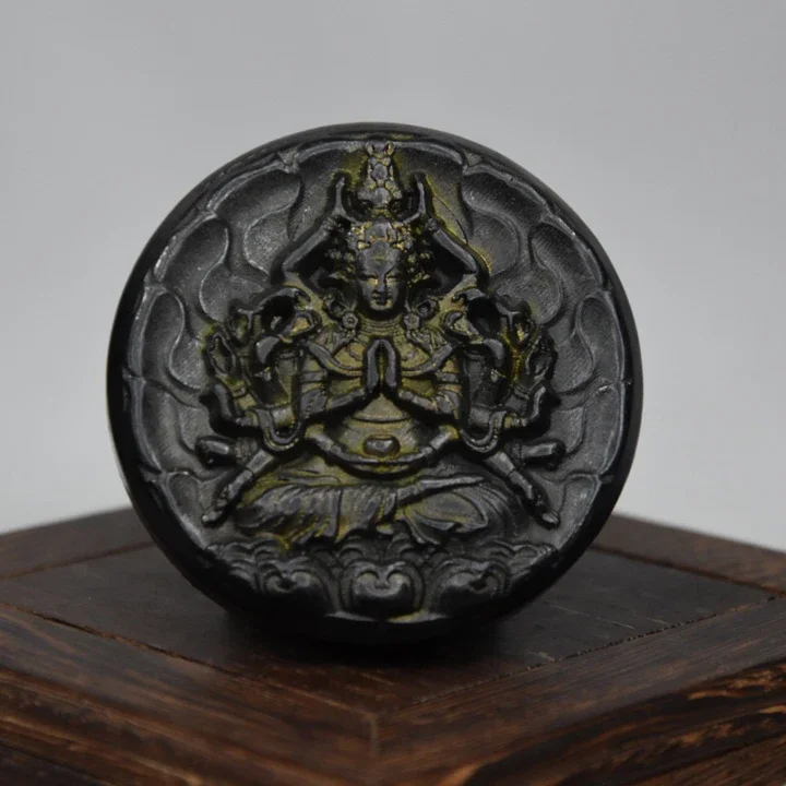 Hongshan Culture Natural Meteorite Iron Magnetite Chinese Collection Tibet Buddhism Thousands Hands Guanyin Statue Size 7cm
