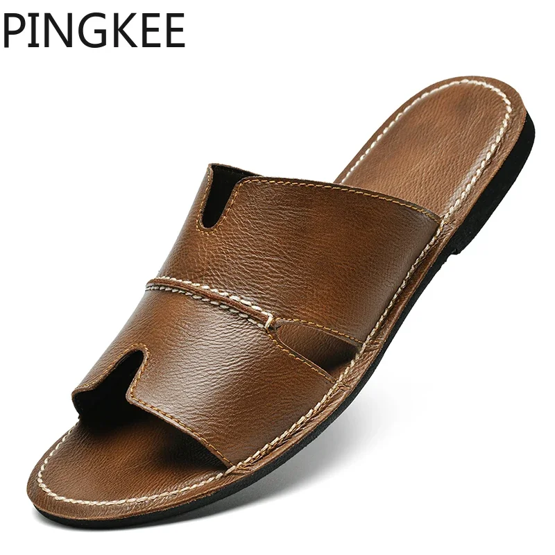 

PINGKEE Men Shoes Grain Leather Upper Sandals Beach Mens Soft Chic Summer Water Safe Flip Flops Men's Sandal Slides Lightweight