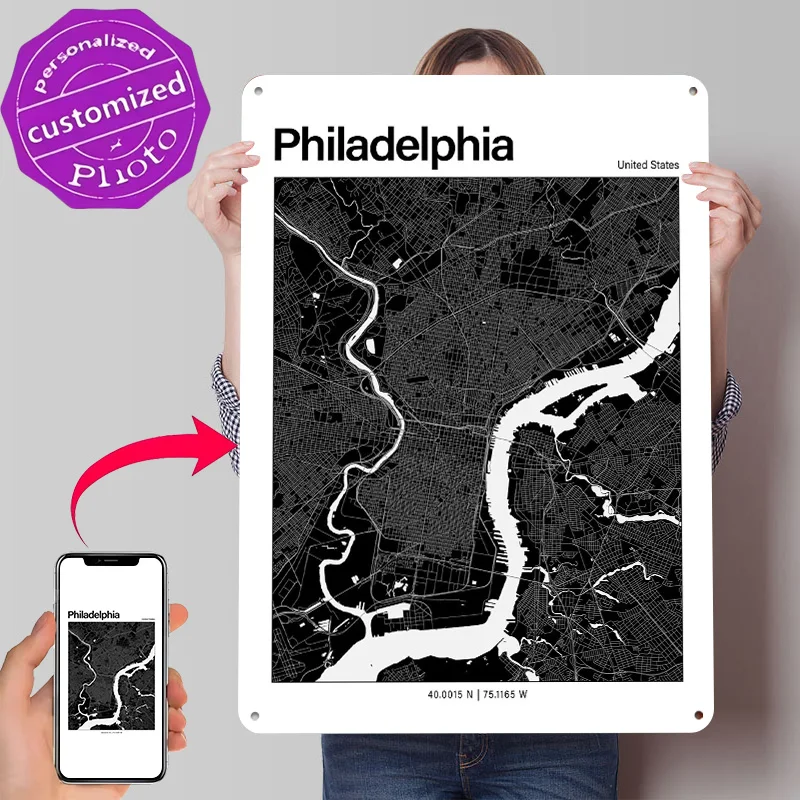 Philadelphia Black and White Map 3D Printed Texture Poster Personalized Wall Art Retro Metal Tin Signs for Vintage Decoration